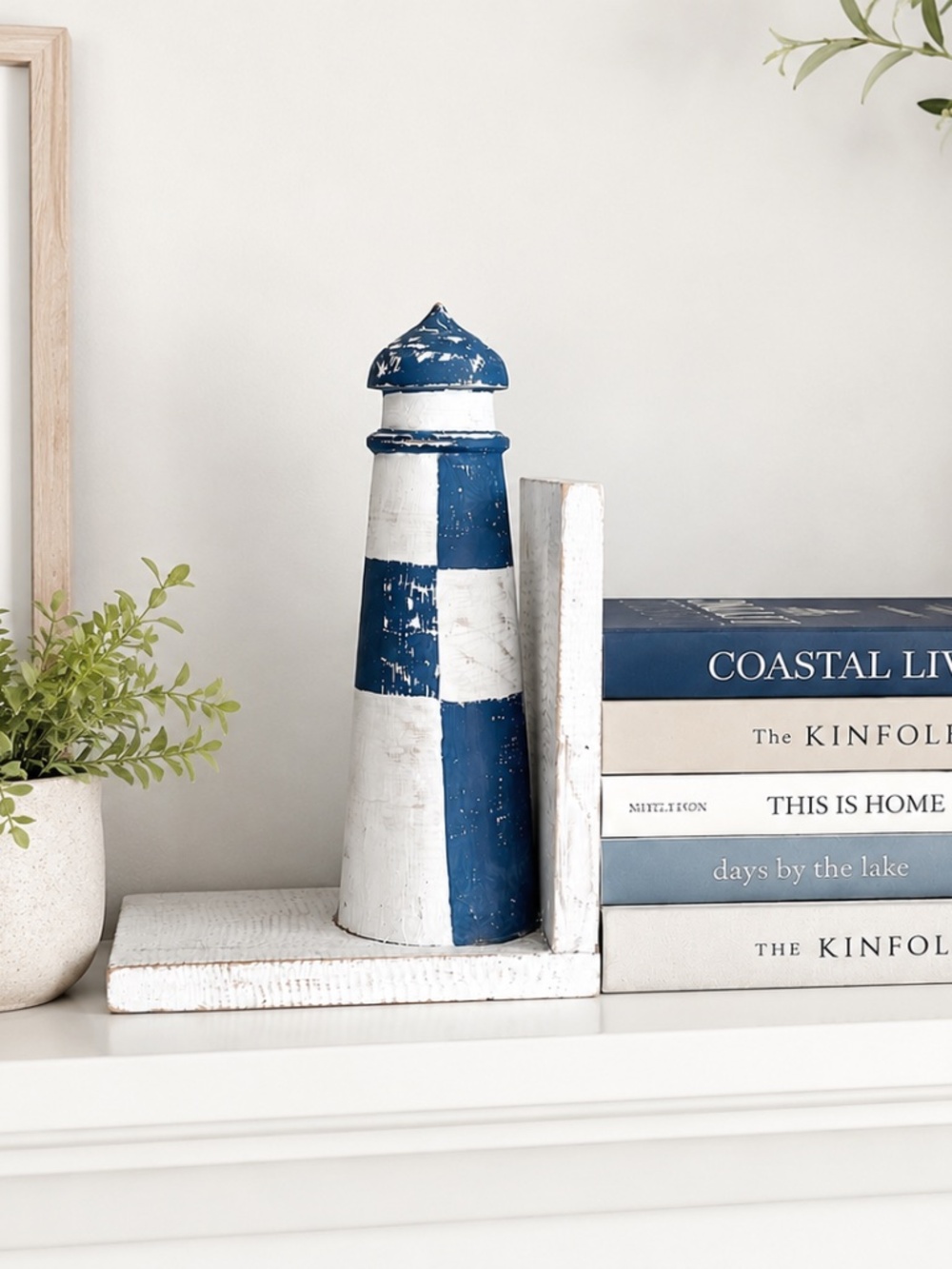 Lightweight Wooden Lighthouse Bookends Blue White Coastal Nautical Shelf Decor
